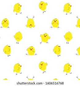 Seamless pattern by cute chicken with different pose on a white background in bright colors in kids cartoon style. Vector. Print or Poster Design, printed materials for Easter, kids Design