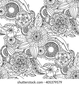 Seamless pattern by flowers for adult coloring book in famous zenart style. Hand-drawn, retro, doodle, vector, uncoloured. The best for design, textiles, posters, coloring book in vector.