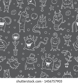 Seamless pattern by Halloween with cute cartoon monsters on a dark  background. Doodle style.Vector contour image.