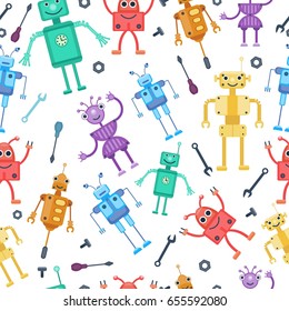 Seamless pattern by retro robots. Flat cartoon style. Vector illustration. Toy collection for children, boys