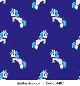 Seamless pattern with c ute Cartoon Unicorn with golden sparkles on dark background. Vector illustration