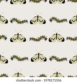 seamless pattern with cabbage butterfly and caterpillar, vector design for paper, fabric and other surface