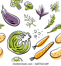 Seamless pattern with cabbage, eggplant, broccoli, carrot, potatoes, herbs. Colorful sketch of healthy vegetables and herbs isolated on white background. Doodle hand drawn vector illustration