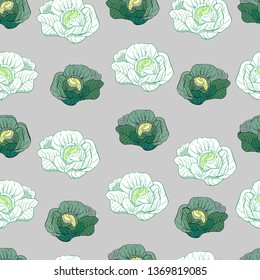 Seamless pattern with cabbage on gray background. Vector