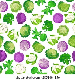 Seamless pattern with cabbage on a white background. White and red cabbage, broccoli, cauliflower. Vector illustration of fresh vegetables in cartoon simple flat style.