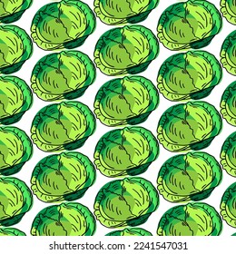 Seamless pattern with cabbage on a white background. Whole cabbage, half and outline image. Vector illustration of fresh vegetables in cartoon simple flat style.