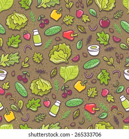 Seamless pattern with cabbage, pepper, onion, tomato, cucumber, green leaves, yogurt bottle, arugula, corn