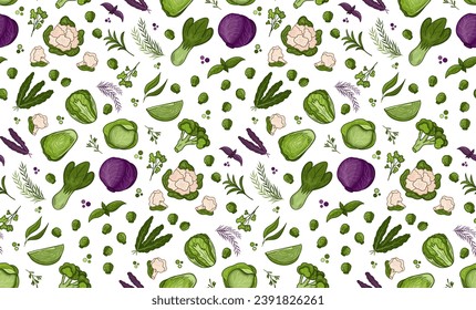 seamless pattern Cabbage vector illustration. Design kale day, healthy food, health day, recipes. Colorful background cartoon assorted cabbage for cover, print, book decoration, postcard, web element.