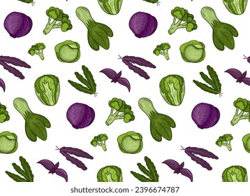 seamless pattern Cabbage vector illustration. Design kale day, healthy food, health day, recipes. Colorful background cartoon assorted cabbage for cover, print, book decoration, postcard, web element.