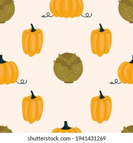 Seamless pattern with cabbage and yellow peppers, paprika. Vegetables, vitamins, vegetarianism. Illustration in flat style on light background.