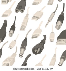 Seamless pattern with Cables, connectors and adapters for connection, data transfer and charging of various equipment. Electrical goods. Vector illustration isolated on transparent background.