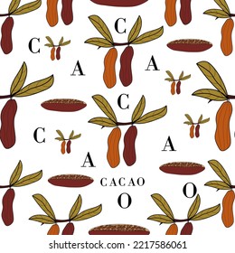 Seamless pattern cacao. Berries and cacao  leaves.