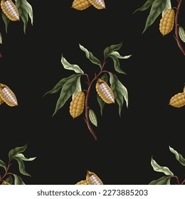 Seamless pattern with cacao branches and fruit. Vector