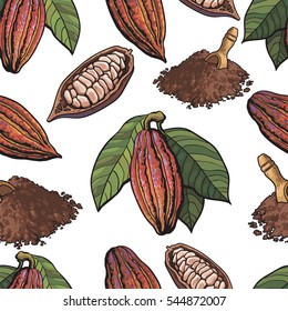 Seamless pattern of cacao fruit, beans and powder on white background, sketch style illustration. Cacao fruit, beans, powder forming seamless pattern for print, textile, wrap, backdrop design