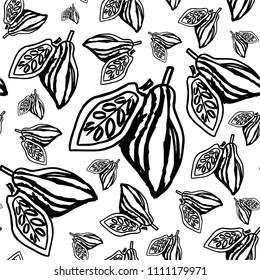 Seamless pattern with cacao fruits on the white background. Cute simple sketch template.