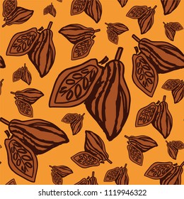 Seamless pattern with cacao fruits on yellow background