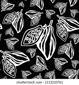 Seamless pattern with cacaofruits on the black background. Cute simple sketch template.