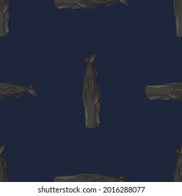 Seamless pattern cachalot on dark blue background. Template of cartoon character of ocean for fabric. Repeated geometrical texture with marine cetacean. Design for any purposes. Vector illustration.