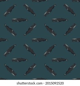 Seamless pattern cachalot on teal background. Template of cartoon character of ocean for fabric. Repeated diagonal texture with marine cetacean. Design for any purposes. Vector illustration.