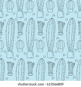 Seamless pattern with cacti.  Black outline plants on a blue background.