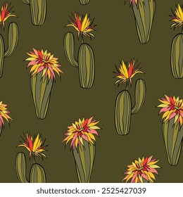 Seamless pattern with cacti, blooming succulent on color background. Vector hand drawn illustration for packaging, fabric, textile. Wild west cactus, western concept.