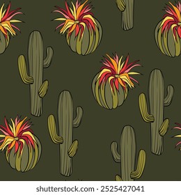 Seamless pattern with cacti, blooming succulent on color background. Vector hand drawn illustration for packaging, fabric, textile. Wild west cactus, western concept.