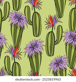 Seamless pattern with cacti, blooming succulent on color background. Vector hand drawn illustration for packaging, fabric, textile. Wild west cactus, western concept.