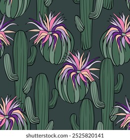 Seamless pattern with cacti, blooming succulent on color background. Vector hand drawn illustration for packaging, fabric, textile. Wild west cactus, western concept.