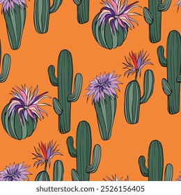 Seamless pattern with cacti, blooming succulent on color background. Vector hand drawn illustration for packaging, fabric, textile. Wild west cactus, western concept.