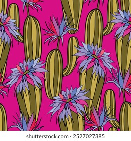 Seamless pattern with cacti, blooming succulent on color background. Vector hand drawn illustration for packaging, fabric, textile. Wild west cactus, western concept.