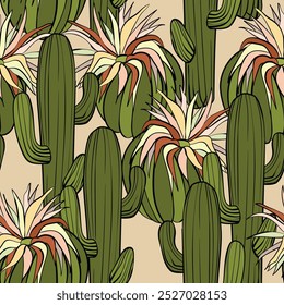 Seamless pattern with cacti, blooming succulent on color background. Vector hand drawn illustration for packaging, fabric, textile. Wild west cactus, western concept.