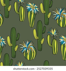 Seamless pattern with cacti, blooming succulent on color background. Vector hand drawn illustration for packaging, fabric, textile. Wild west cactus, western concept.