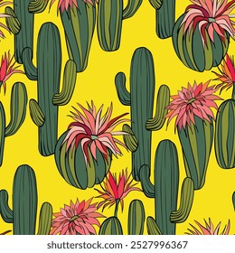 Seamless pattern with cacti, blooming succulent on color background. Vector hand drawn illustration for packaging, fabric, textile. Wild west cactus, western concept.