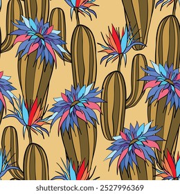 Seamless pattern with cacti, blooming succulent on color background. Vector hand drawn illustration for packaging, fabric, textile. Wild west cactus, western concept.