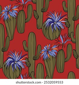 Seamless pattern with cacti, blooming succulent on color background. Vector hand drawn illustration for packaging, fabric, textile. Wild west cactus, western concept.