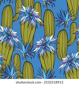 Seamless pattern with cacti, blooming succulent on color background. Vector hand drawn illustration for packaging, fabric, textile. Wild west cactus, western concept.