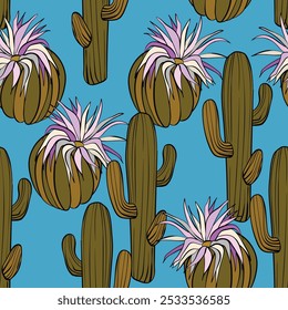 Seamless pattern with cacti, blooming succulent on color background. Vector hand drawn illustration for packaging, fabric, textile. Wild west cactus, western concept.