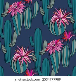 Seamless pattern with cacti, blooming succulent on color background. Vector hand drawn illustration for packaging, fabric, textile. Wild west cactus, western concept.