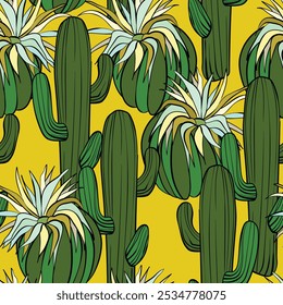 Seamless pattern with cacti, blooming succulent on color background. Vector hand drawn illustration for packaging, fabric, textile. Wild west cactus, western concept.