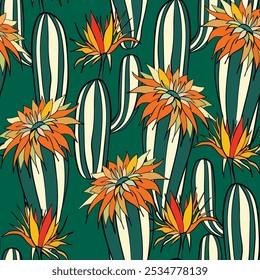 Seamless pattern with cacti, blooming succulent on color background. Vector hand drawn illustration for packaging, fabric, textile. Wild west cactus, western concept.