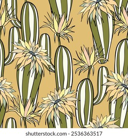 Seamless pattern with cacti, blooming succulent on color background. Vector hand drawn illustration for packaging, fabric, textile. Wild west cactus, western concept.