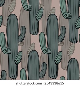 Patrón sin fisuras con cactus, floreciendo suculento sobre fondo de color. Vector dibujado a mano ilustración para el embalaje, tela, textil. Cactus del oeste salvaje, concepto occidental.