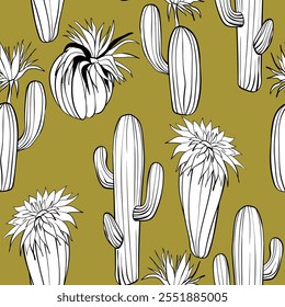 Patrón sin fisuras con cactus, floreciendo suculento sobre fondo de color. Vector dibujado a mano ilustración para el embalaje, tela, textil. Cactus del oeste salvaje, concepto occidental.