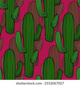 Patrón sin fisuras con cactus, floreciendo suculento sobre fondo de color. Vector dibujado a mano ilustración para el embalaje, tela, textil. Cactus del oeste salvaje, concepto occidental.