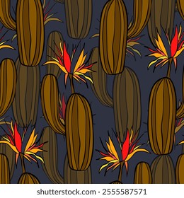 Seamless pattern with cacti, blooming succulent on color background. Vector hand drawn illustration for packaging, fabric, textile. Wild west cactus, western concept.