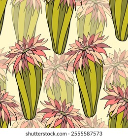 Seamless pattern with cacti, blooming succulent on color background. Vector hand drawn illustration for packaging, fabric, textile. Wild west cactus, western concept.