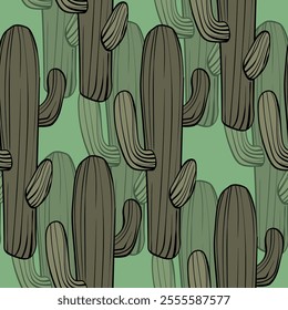 Seamless pattern with cacti, blooming succulent on color background. Vector hand drawn illustration for packaging, fabric, textile. Wild west cactus, western concept.