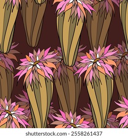 Seamless pattern with cacti, blooming succulent on color background. Vector hand drawn illustration for packaging, fabric, textile. Wild west cactus, western concept.