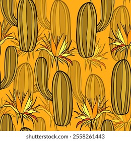 Seamless pattern with cacti, blooming succulent on color background. Vector hand drawn illustration for packaging, fabric, textile. Wild west cactus, western concept.