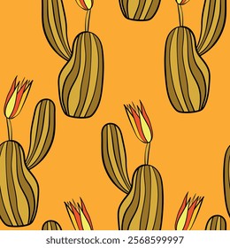 Seamless pattern with cacti, blooming succulent on color background. Vector hand drawn illustration for packaging, fabric, textile. Wild west cactus, western concept.